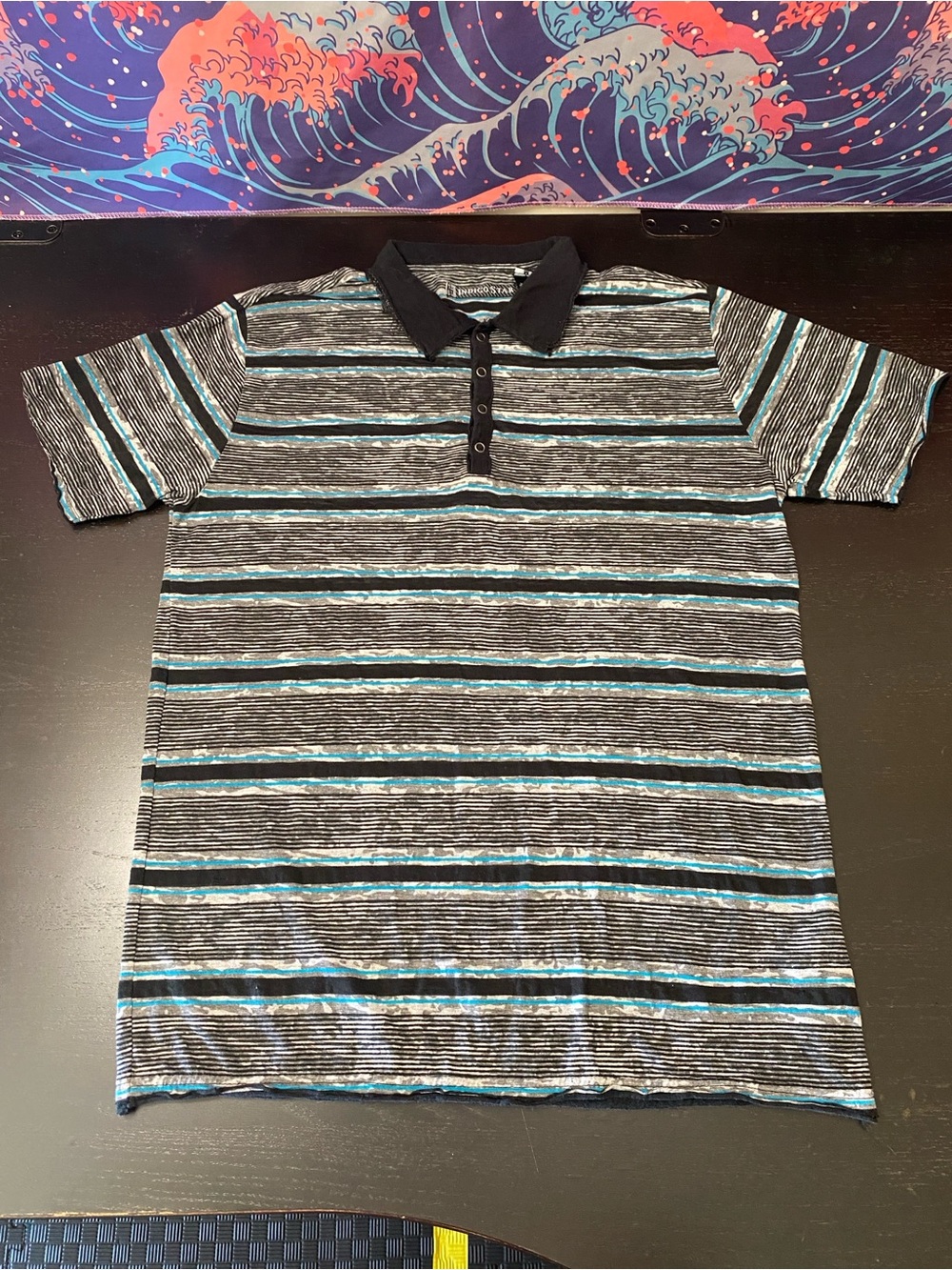 Striped Short-Sleeve Polo in Black and Teal